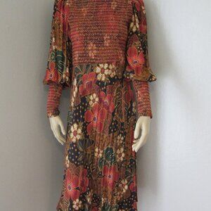 FARM RIO Fall Autumn Harvest Floral Puffed Sleeves M Back Zip Midi Dress